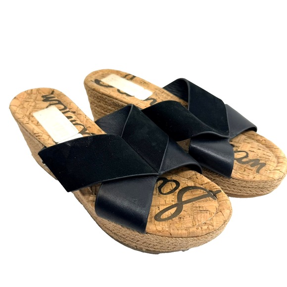 Sam Edelman Rora Platform Espadrille Wedge Sandals Black Women's 8.5M Leather - Picture 1 of 11